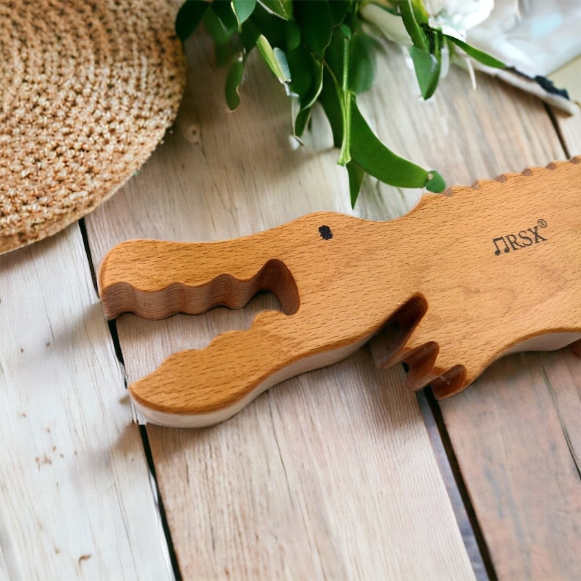 Wooden alligator music toy. Sound sensory exploration toy