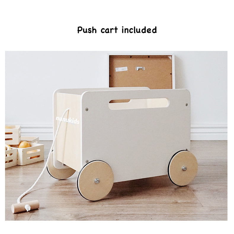 Wooden fruit stall, scale, cashier, fruits and push cart. Pretend kitchen play toy