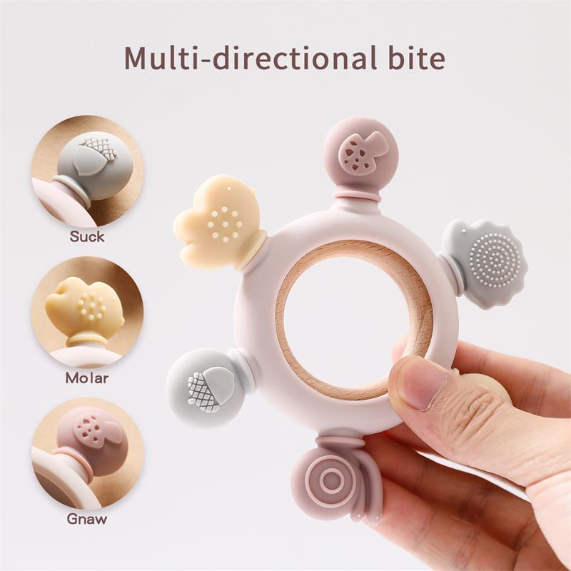 Wooden baby silicone multi-directional bite teether