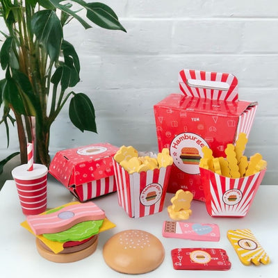 Wooden burger fries popcorn chicken fast food pretend play
