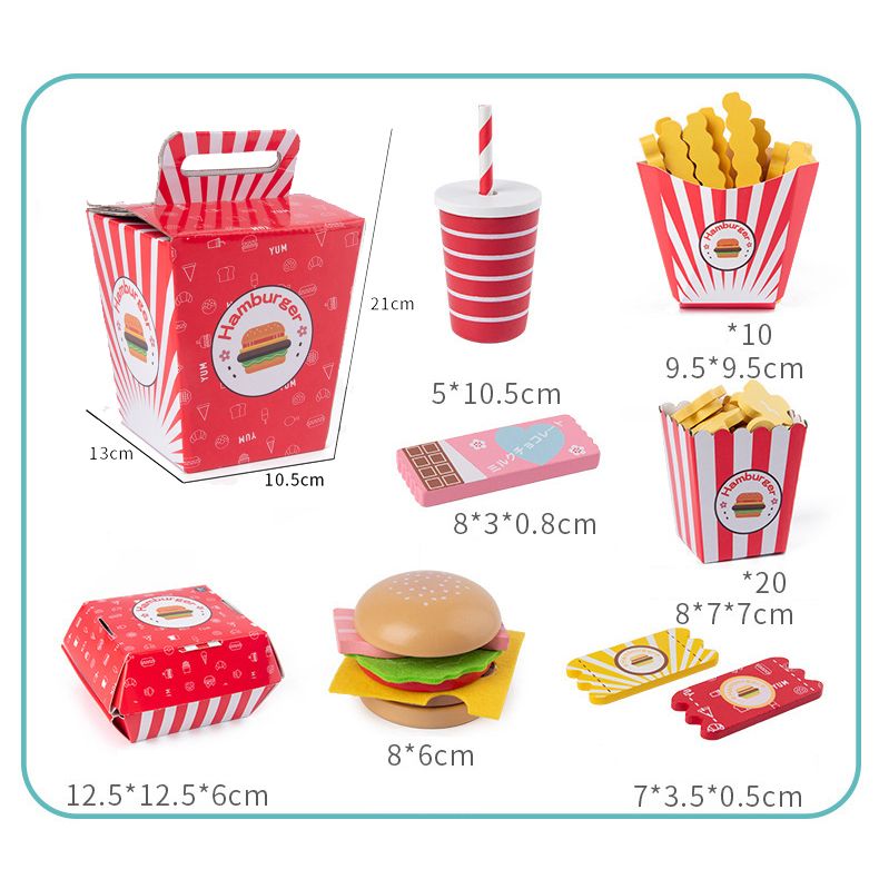 Wooden burger fries popcorn chicken fast food pretend play