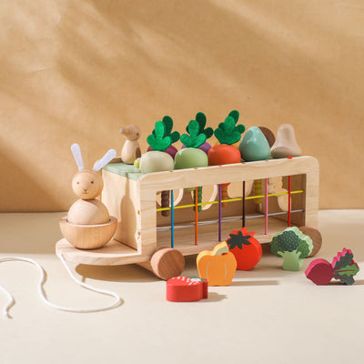 Montessori inspired wooden multi activity farm cart