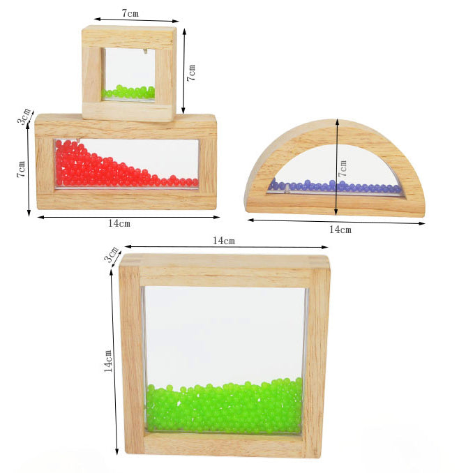 Wooden sensory blocks, liquid with fish, sand with shells or beads with sound