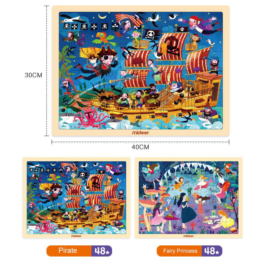 Mideer Children Wooden Jigsaw Puzzle 48pc With Storage Display Tray. Pirate or Fairy Princess Theme. Toddler Toy.