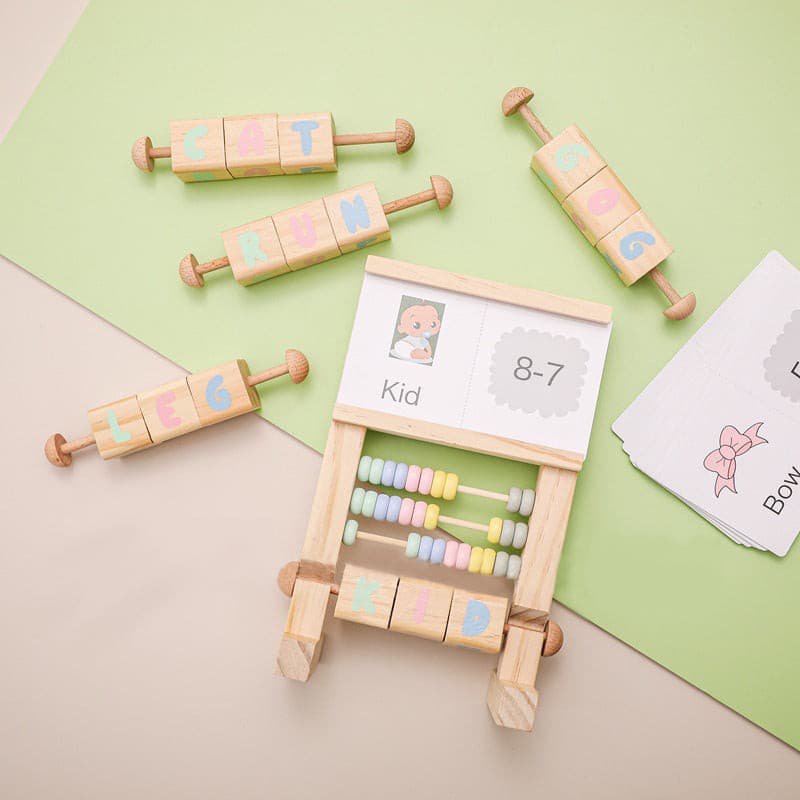 Multi functional Wooden Puzzle Board. Abacus + Rotating Letter Block. Montessori Educational Toy