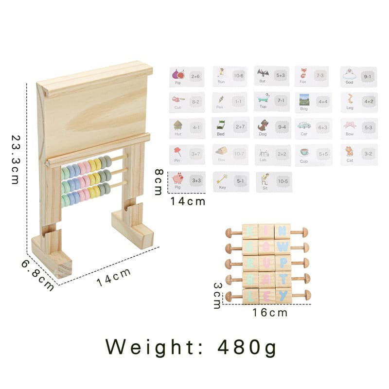 Multi functional Wooden Puzzle Board. Abacus + Rotating Letter Block. Montessori Educational Toy