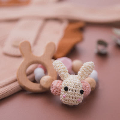 Handmade Crochet Wooden Rabbit Teether. Baby Toy