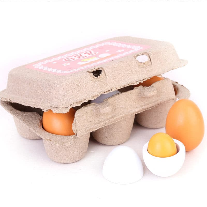 6 Wooden eggs Pretend Play Set. Kitchen Food Toy.