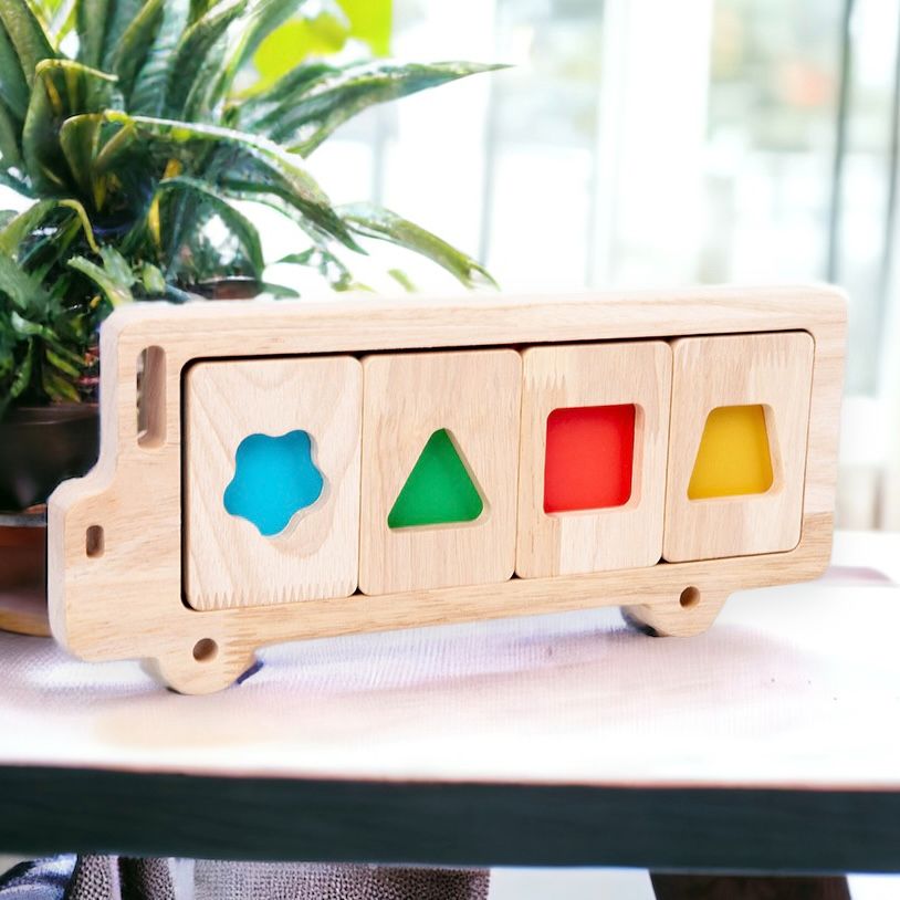 Bus Color and Shapes Sorting Toy. Montessori inspired