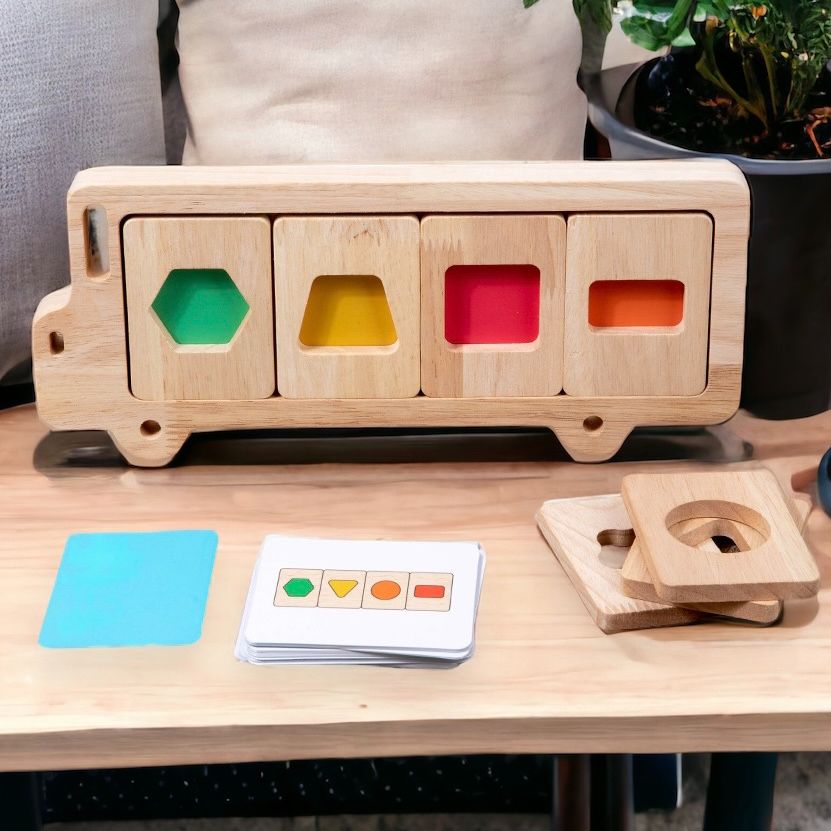 Bus Color and Shapes Sorting Toy. Montessori inspired