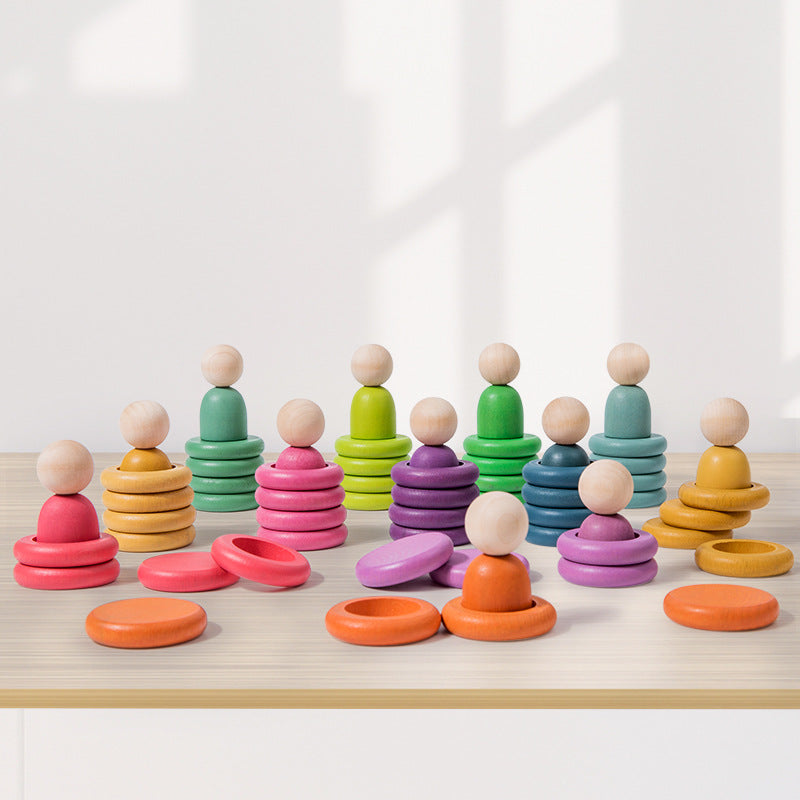 Montessori inspired Wooden colour sorting rings and mini figurines.  Early learning toy
