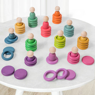 Montessori inspired Wooden colour sorting rings and mini figurines.  Early learning toy