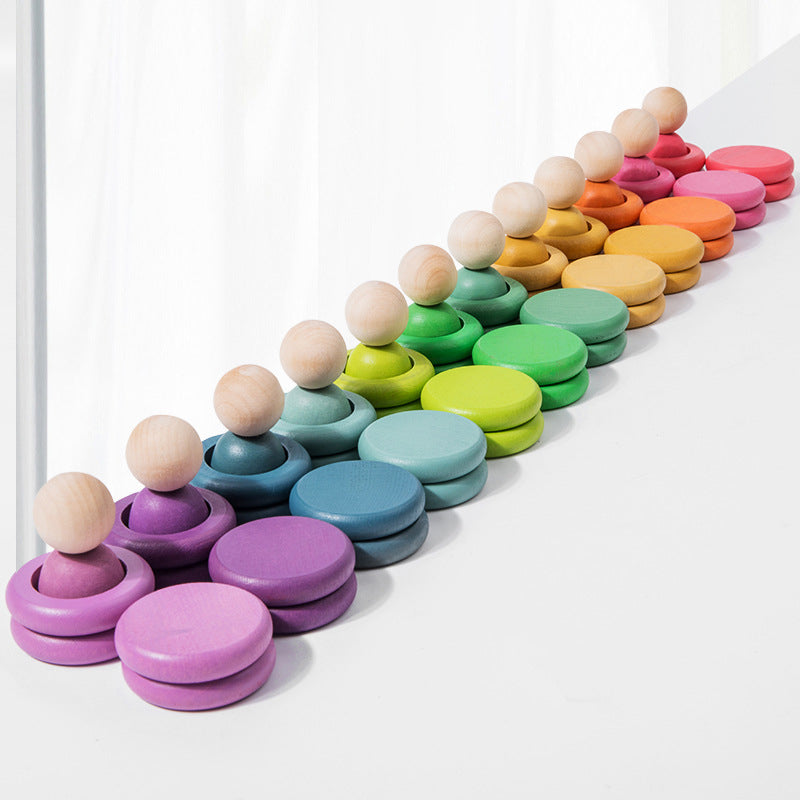 Montessori inspired Wooden colour sorting rings and mini figurines.  Early learning toy