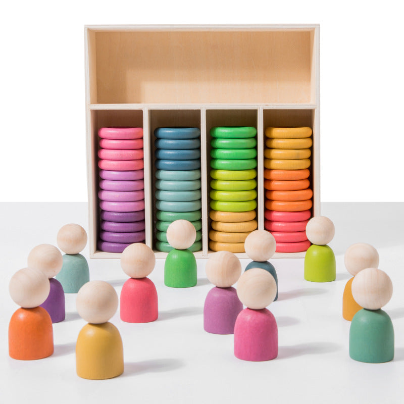 Montessori inspired Wooden colour sorting rings and mini figurines.  Early learning toy
