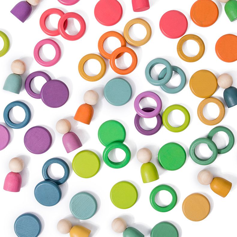 Montessori inspired Wooden colour sorting rings and mini figurines.  Early learning toy
