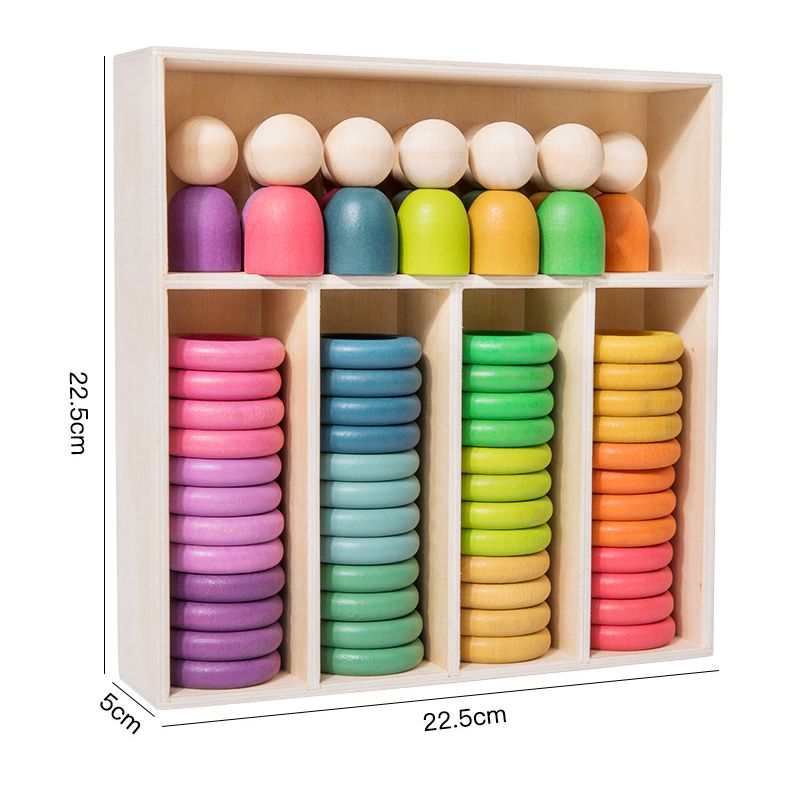 Montessori inspired Wooden colour sorting rings and mini figurines.  Early learning toy