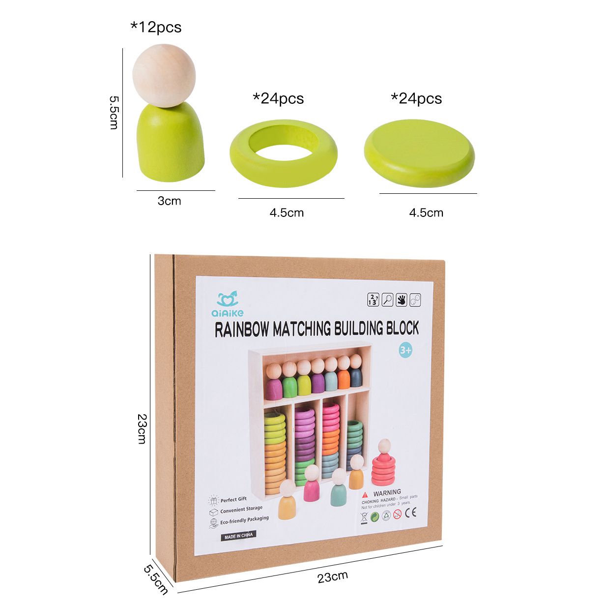 Montessori inspired Wooden colour sorting rings and mini figurines.  Early learning toy