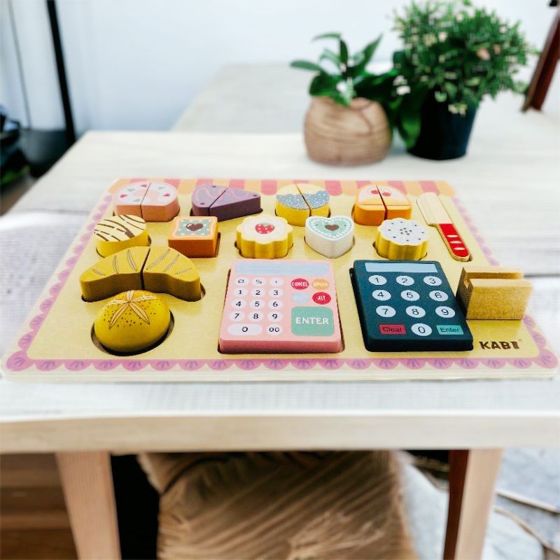 Kabi Wooden Bake Food Cutting Tray Pretend Play Set. Wooden Kitchen Food Toy.