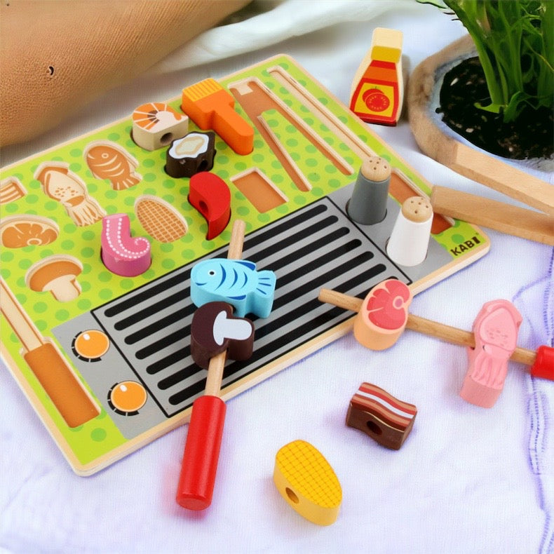 Kabi Grill Set Tray Pretend Play Set. Wooden Kitchen Food Toy.