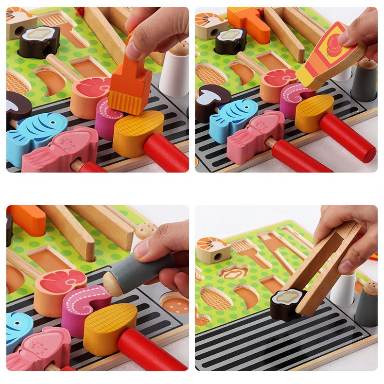 Kabi Grill Set Tray Pretend Play Set. Wooden Kitchen Food Toy.