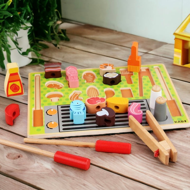 Kabi Grill Set Tray Pretend Play Set. Wooden Kitchen Food Toy.