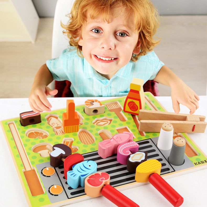 Kabi Grill Set Tray Pretend Play Set. Wooden Kitchen Food Toy.