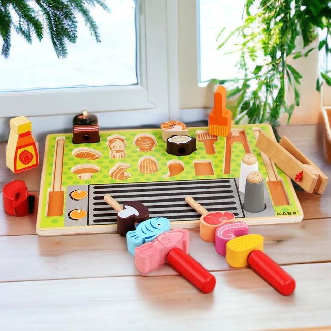 Kabi Grill Set Tray Pretend Play Set. Wooden Kitchen Food Toy.