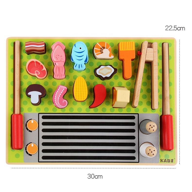 Kabi Grill Set Tray Pretend Play Set. Wooden Kitchen Food Toy.