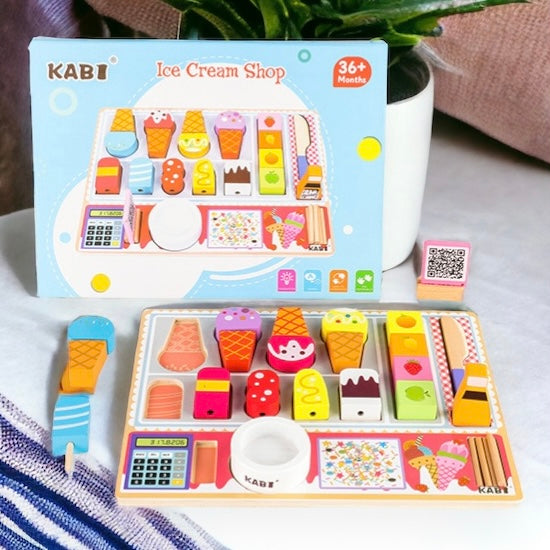 Kabi Wooden Ice cream Cutting Tray Pretend Play Set. Wooden Kitchen Food Toy.