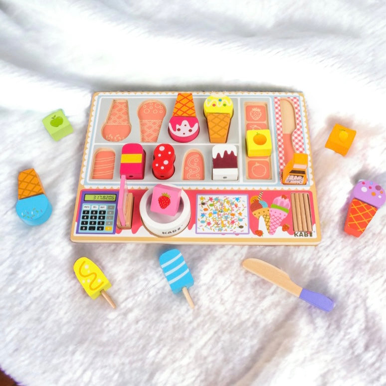 Kabi Wooden Ice cream Cutting Tray Pretend Play Set. Wooden Kitchen Food Toy.