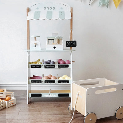 Wooden fruit stall, scale, cashier, fruits and push cart. Pretend kitchen play toy