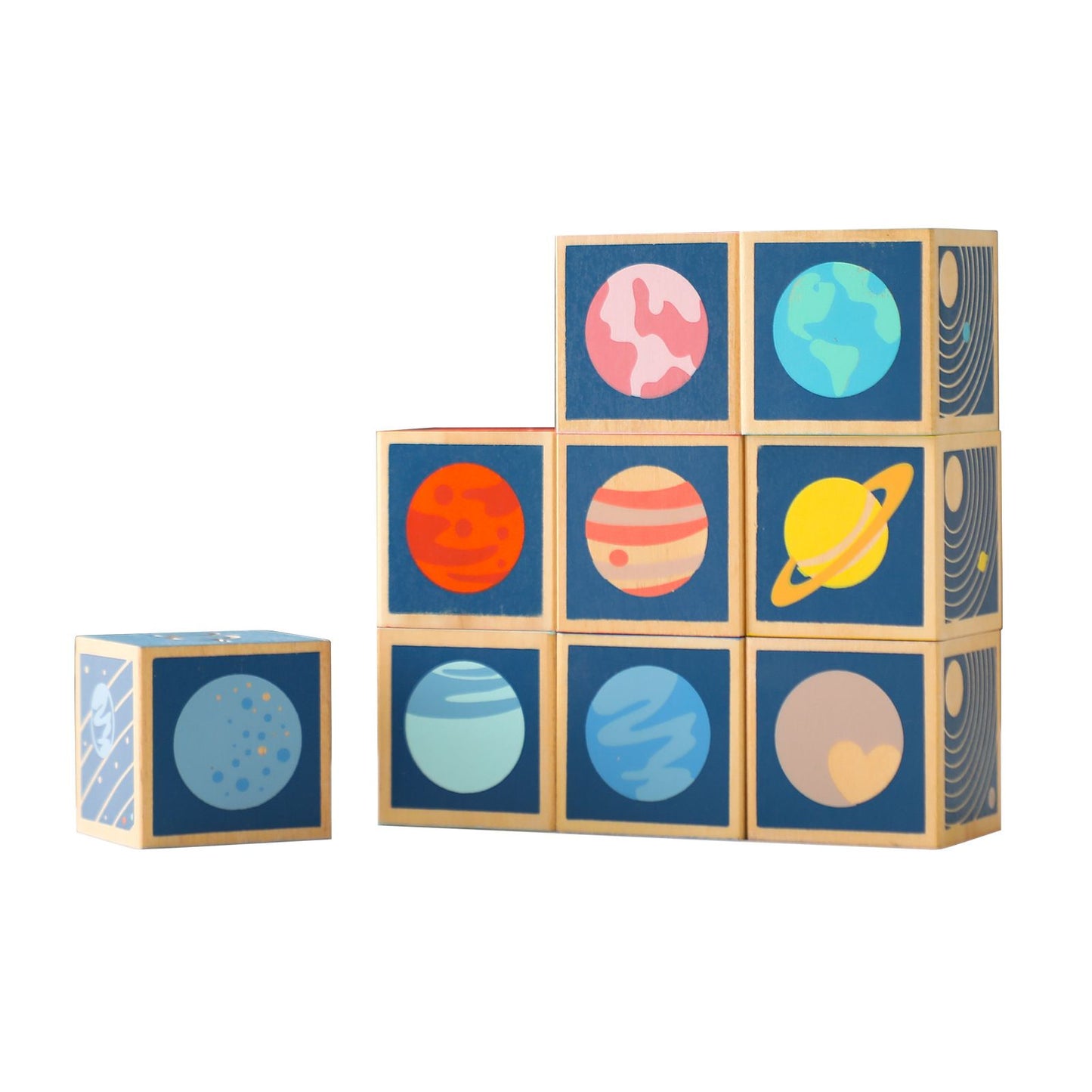 Wooden planet cubes puzzle. STEM toy
