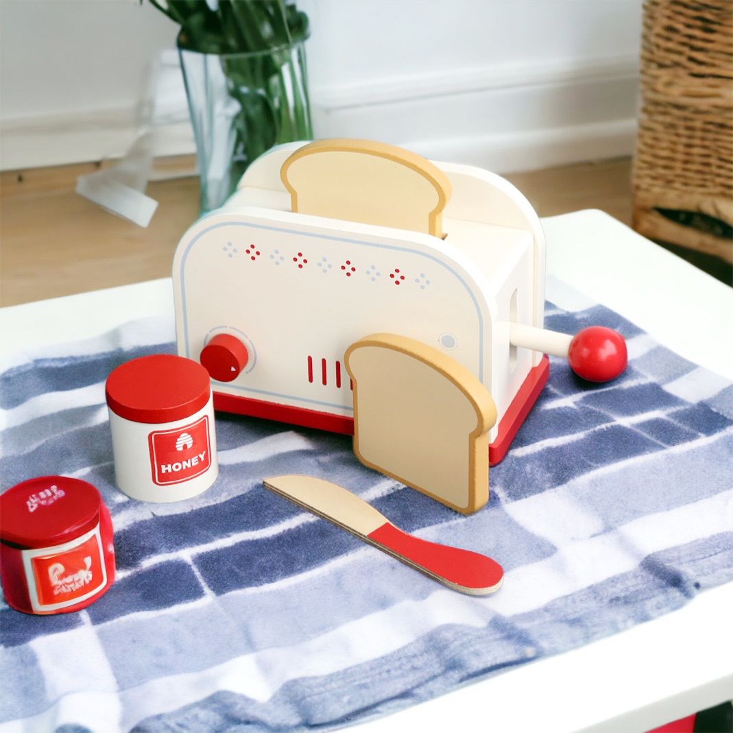 Wooden Red Kitchen Set. Toaster, Coffee Maker and Mixer