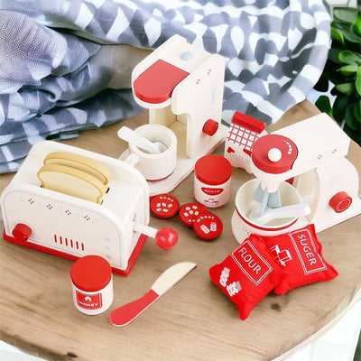 Wooden Red Kitchen Set. Toaster, Coffee Maker and Mixer