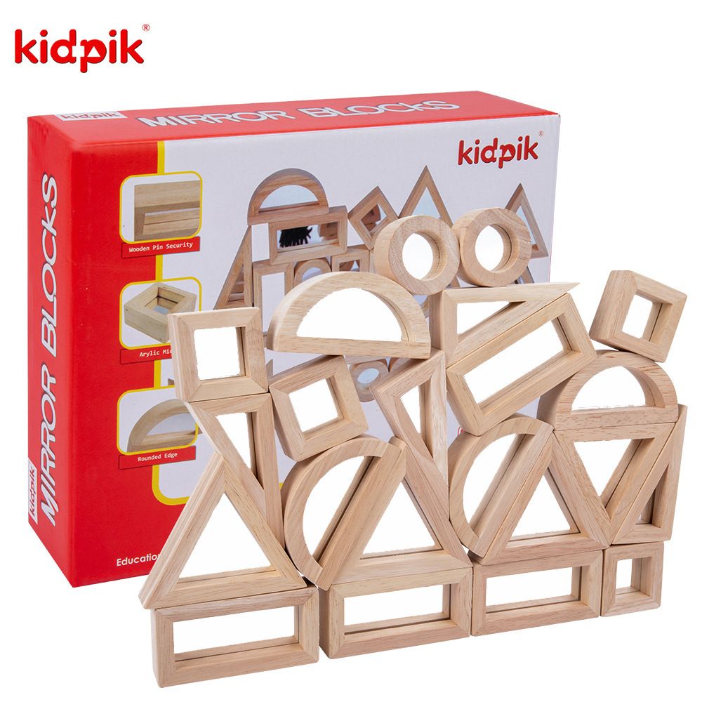 Wooden Mirror Sensory Blocks of 12. 5 different shapes