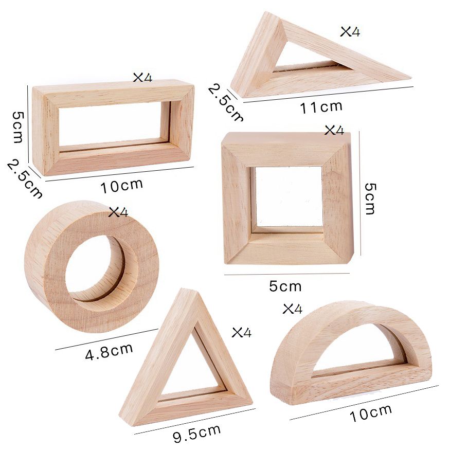 Wooden Mirror Sensory Blocks of 12. 5 different shapes
