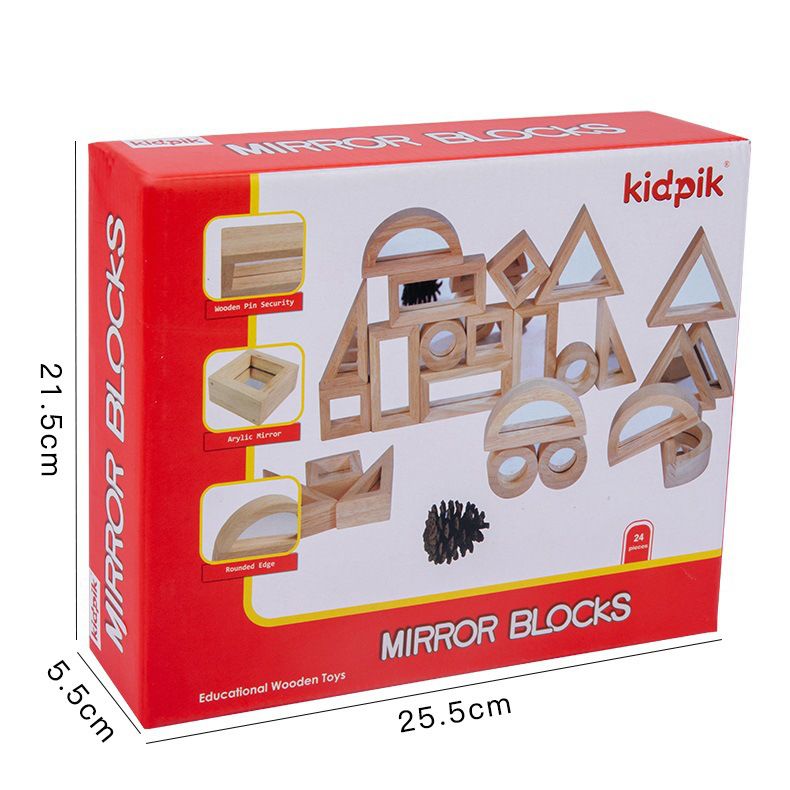 Wooden Mirror Sensory Blocks of 12. 5 different shapes