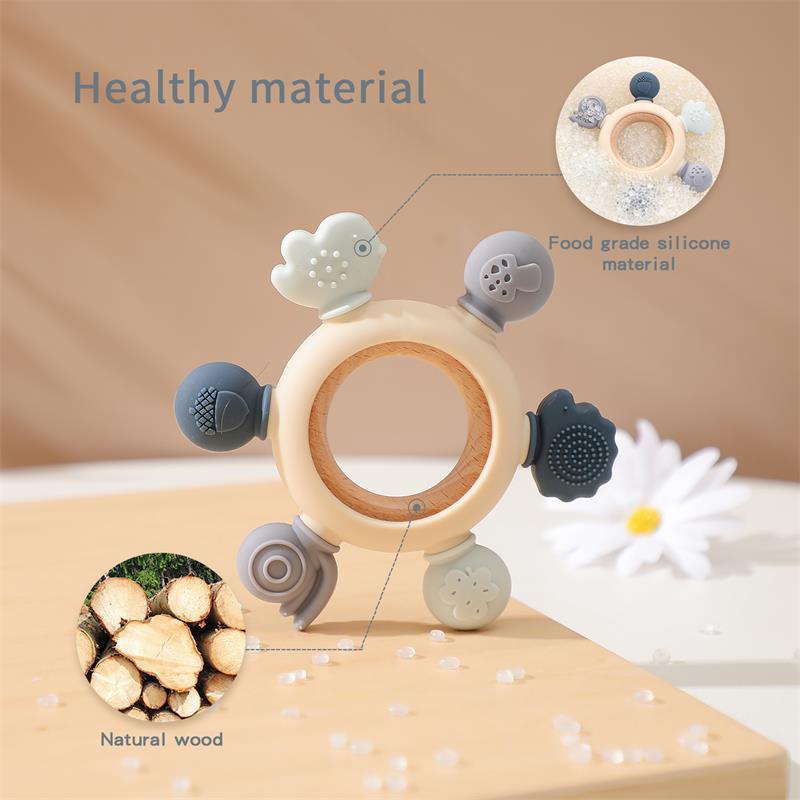 Wooden baby silicone multi-directional bite teether
