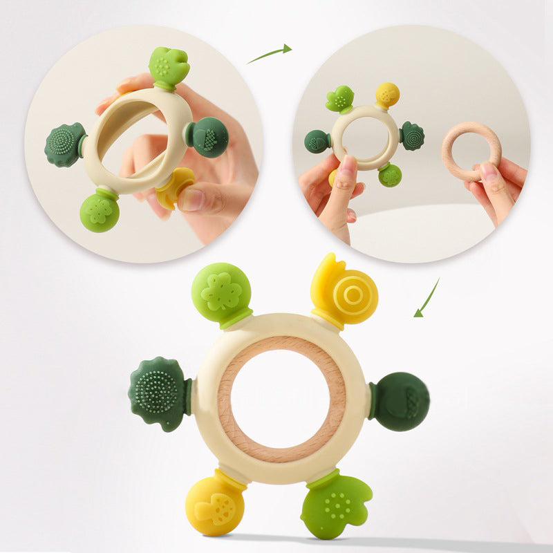 Wooden baby silicone multi-directional bite teether