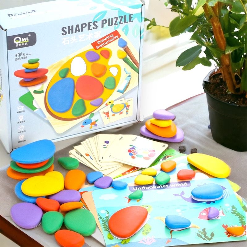 Shapes Puzzle. Stacking Colour Flat Pebbles. Educational Toy