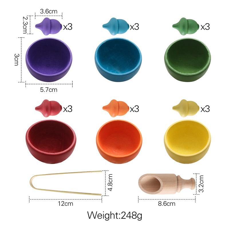 Wooden acorn colour sorting. Tweezer and Scoop included.