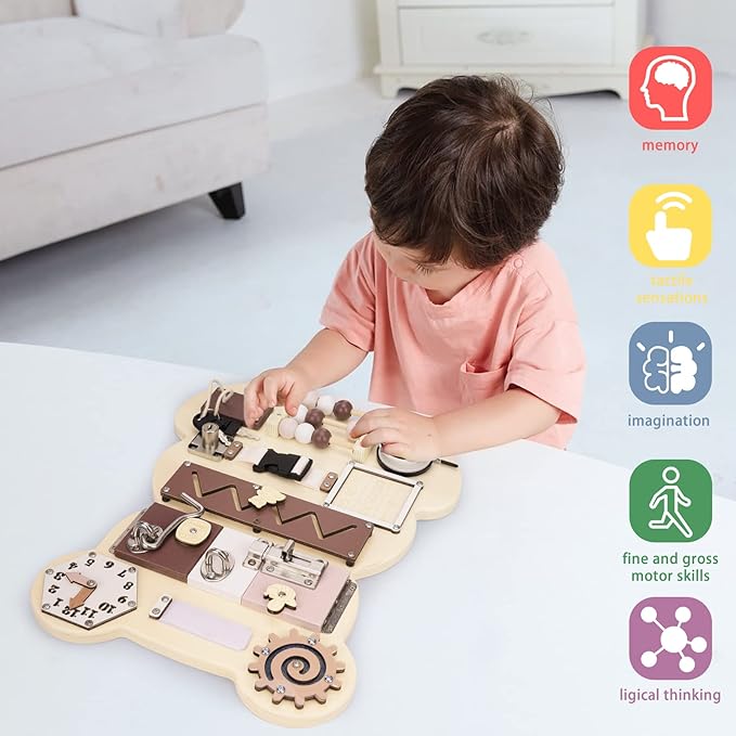 Montessori Wooden Bear Busy Sensory 12-in-1 Activity Board