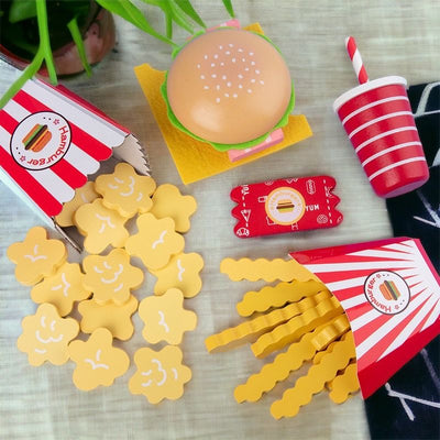 Wooden burger fries popcorn chicken fast food pretend play