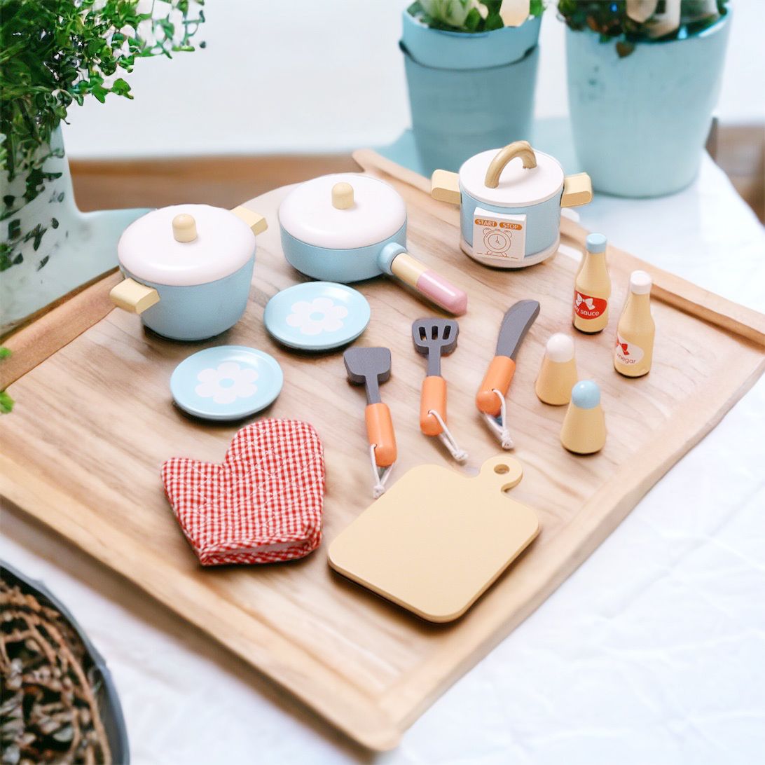 Wooden Blue Cooking Set. Kitchen Pretend Play. Rice Cooker