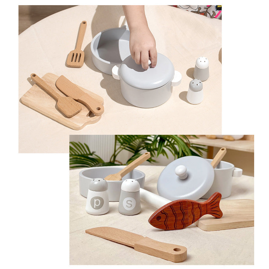 Wooden Cooking Pretend Play Set. Wooden Kitchen Food Toy.