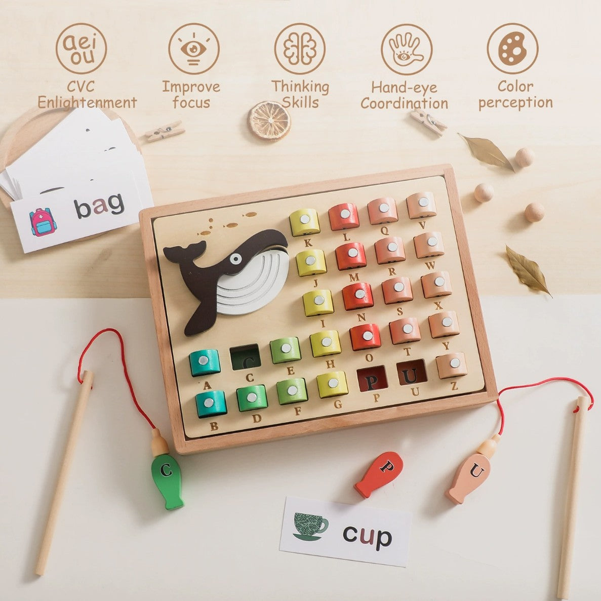Montessori Inspired Wooden Fishing Educational Word Building Toy