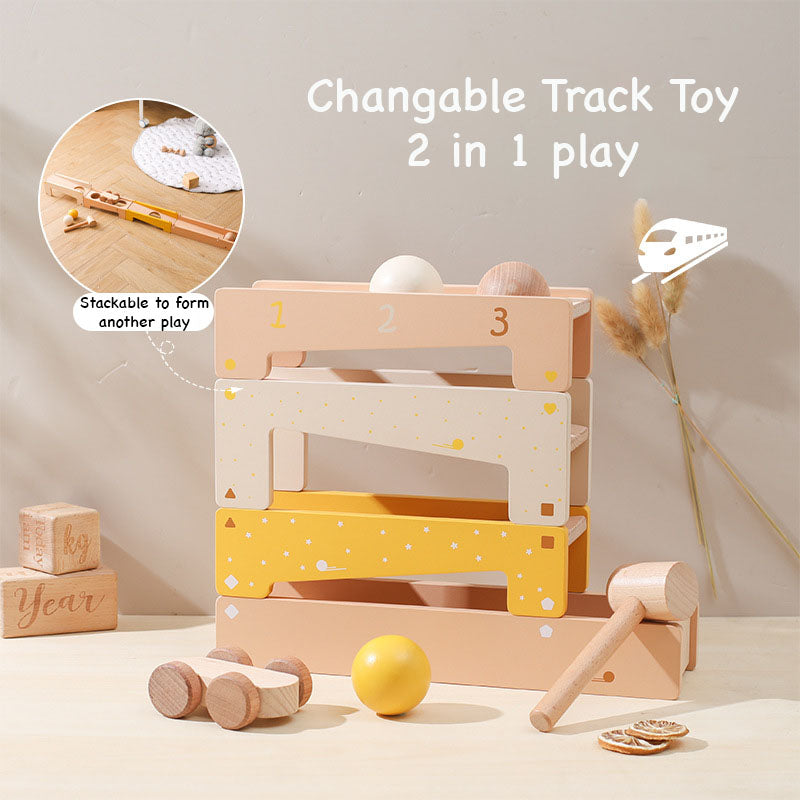 Changeable car track to knocking ball multi play wooden toy
