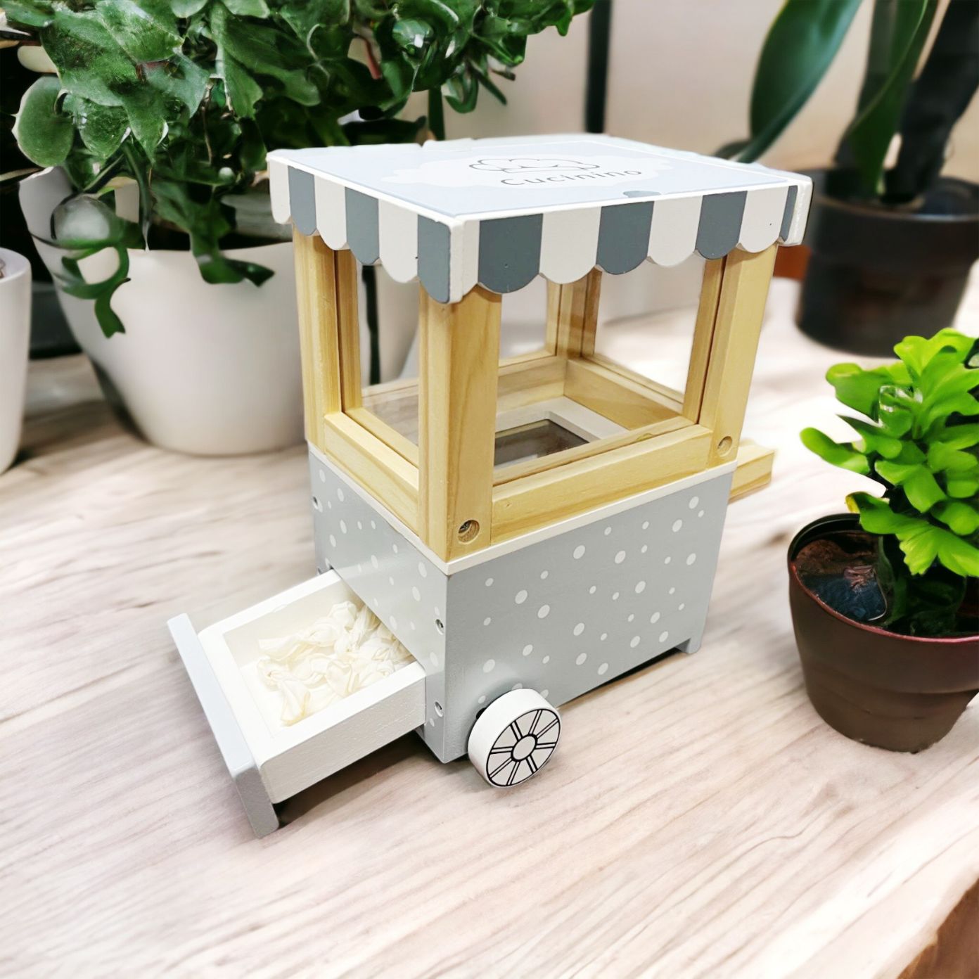 Cucino Wooden Popcorn Machine. Pretend Play Set. Wooden Kitchen Food Toy.