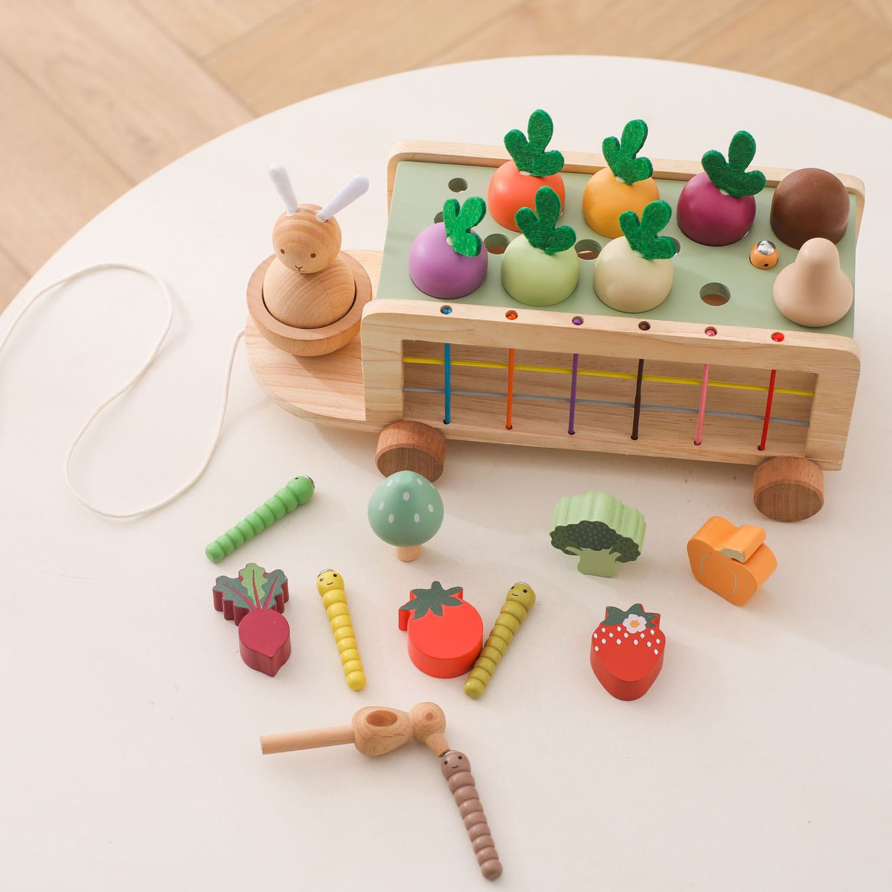 Montessori inspired wooden multi activity farm cart