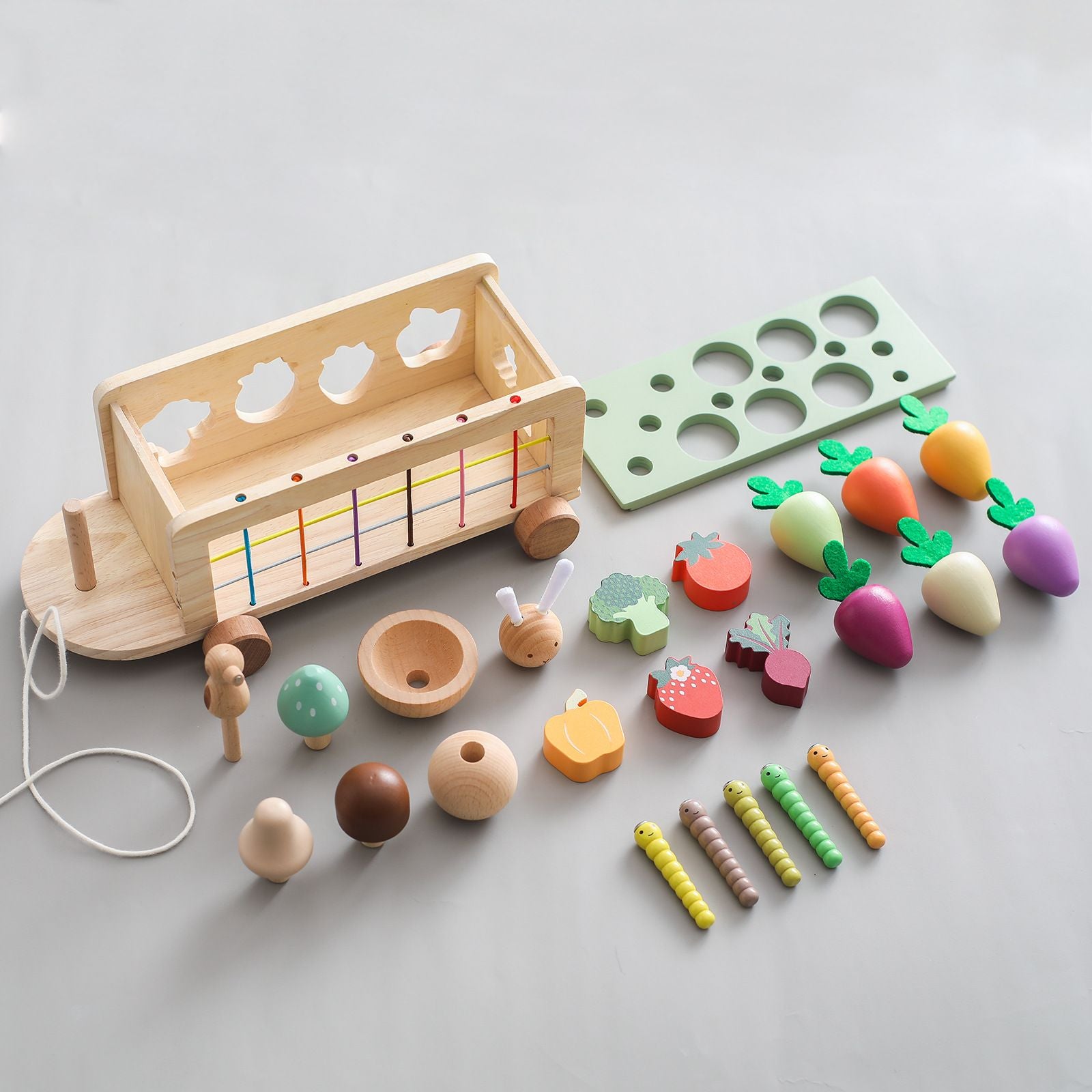 Montessori inspired wooden multi activity farm cart